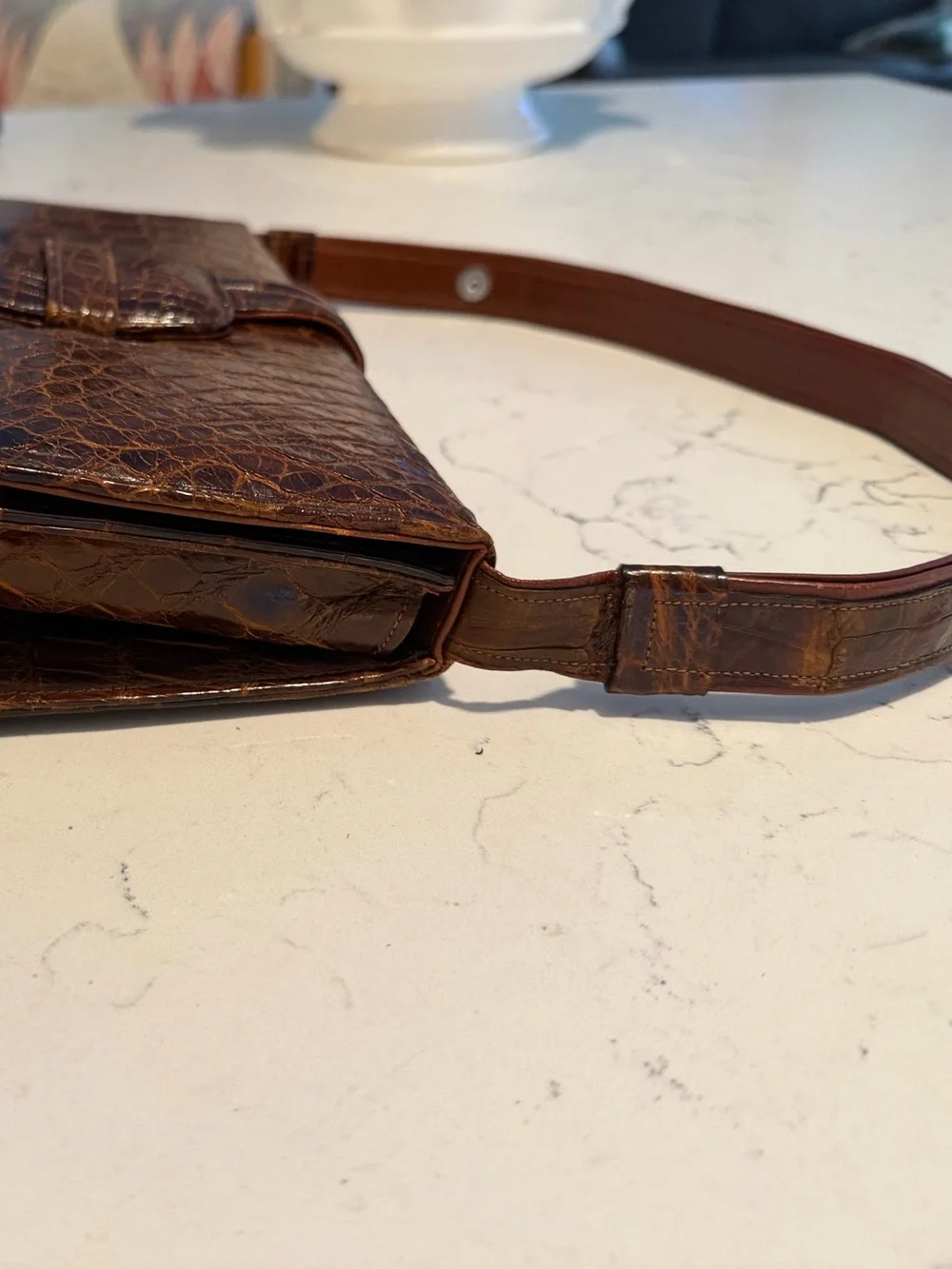 Vintage Croc-Embossed Brown Shoulder Bag